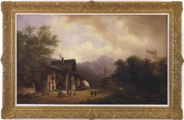 Autumn Village Scene Depicting A Busy Street With Many Villagers, Building And Churches With Blue Sky And Mountains In The Background - view 1