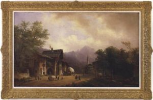 Autumn Village Scene Depicting A Busy Street With Many Villagers, Building And Churches With Blue Sky And Mountains In The Background by Anton Doll