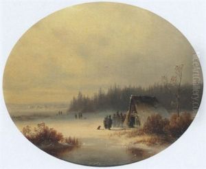 Winterlandschaft Mit Bauern Vor Einer Hutte Bei Einem Feuer Am Wasser