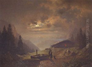 Bursch Und Sennerin Bei Mondlicht Auf Der Hochalm