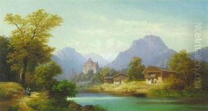 Gebirgstal (sudtirol?) Mit Burgen Und Bauernhausern Am Fluss