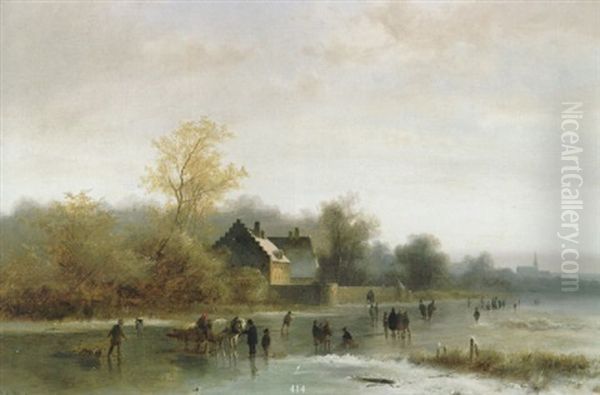 Winterlandschaft Mit Eislaufern Auf Zugefrorenem Fluss - view 1