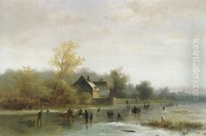Winterlandschaft Mit Eislaufern Auf Zugefrorenem Fluss thumbnail