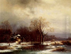 Eisvergnugen. Winterlandschaft Mit Pferdefuhrwerk Und Rodelnden Kindern