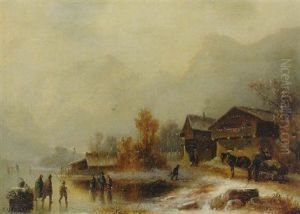 Winterlandschaft Mit Pferdegespann Und Personenstaffage