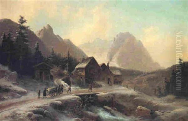Bauern Vor Einer Muhle In Winterlicher Gebrigslandschaft - view 1