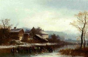 Zugefrorener Fluslauf Mit Eislaufern, Schneebedeckte Alpen Im Hintergrund by Anton Doll