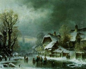 Winterlandschaft Mit Dorf Und Schlittschuhlauferin