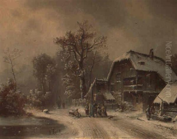 Winterlandschaft Mit Hausern Und Figurengruppe - view 1