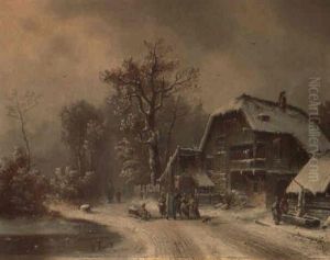 Winterlandschaft Mit Hausern Und Figurengruppe by Anton Doll
