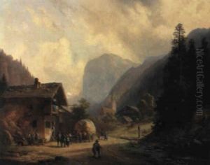 Heufuhrwerk Im Gebirgsdorf by Anton Doll