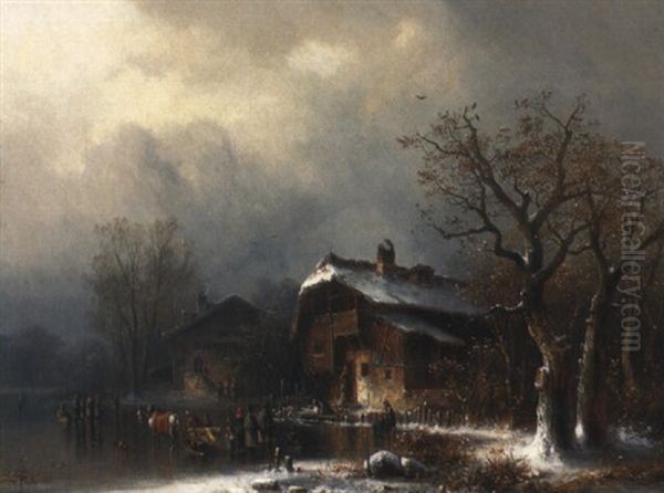 Winterlandschaft Mit Bauernhausern Am See - view 1