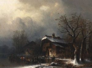 Winterlandschaft Mit Bauernhausern Am See by Anton Doll