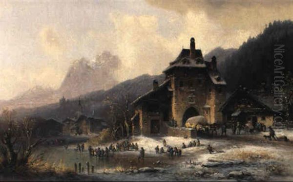 Winterlandschaft Mit Torhaus Und Spielenden Kindern - view 1