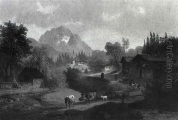 Oberbayerische Dorfstrase Mit Bauern Und Kuhen - view 1