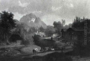Oberbayerische Dorfstrase Mit Bauern Und Kuhen by Anton Doll