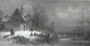 Figures In A Snowy River Landscape by Anton Doll