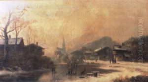 Winter Landscape With Skaters And Village by Anton Doll