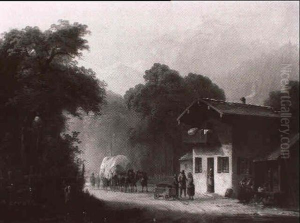 Pferdefuhrwerk Vor Einem Bauernhaus In Gebirgslandschaft - view 1