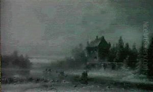 Winterlandschaft Mit Einem Schlosschen Am Ufer Des Zugefrorenen Flusses Winterlandschaft Mit Einem Schlosschen Am Ufer Des Zugefrorenen Flusses