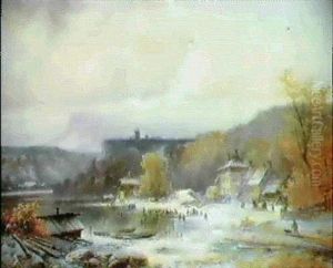 Numerous Figures On A Lake Shore With A View Of A Monastery Beyond by Anton Doll