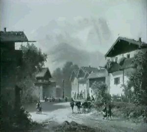 Dorfbrunnen In Garmisch Mit Staffegefiguren Auf Der         Dorfstrasse Und Dem 1860