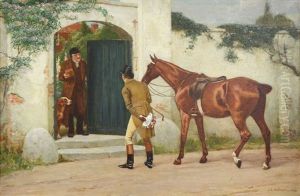 Young Man And His Horse With An Old Gentleman Opening A Door With A Spaniel Inset by John Charles Dollman