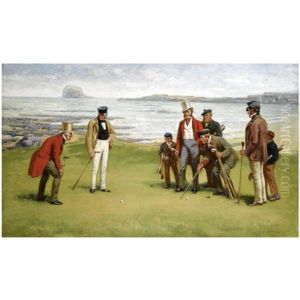 Lord Rosebery, Admiral Fleming, The Duke Of Buccleuch And Lord Charles Hope With Their Respective Caddies At North Berwick by John Charles Dollman
