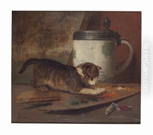 Cat Pawing At Painter"s Palette by John Henry Dolph