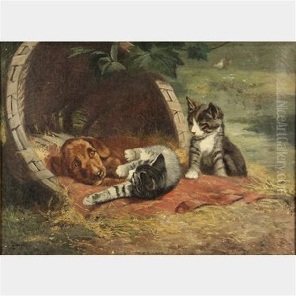 Puppy And Two Kittens In Apple Basket Bed - view 1