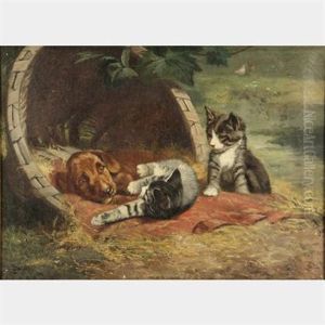 Puppy And Two Kittens In Apple Basket Bed by John Henry Dolph