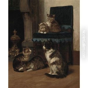 Mother Cat And Her Kittens By A Blue Chair