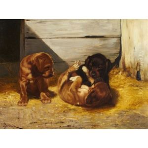 Puppies Playing In A Barn by John Henry Dolph