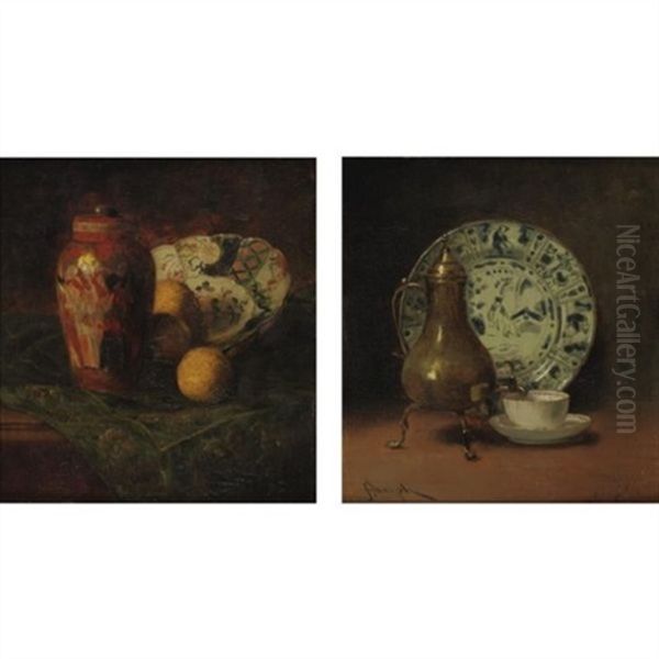 Still Life With Coffee Urn (+ Still Life With Asian Ceramics And Oranges; Pair) - view 1