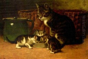 Mother Tabby Cat And Three Kittens At Their Dish by John Henry Dolph