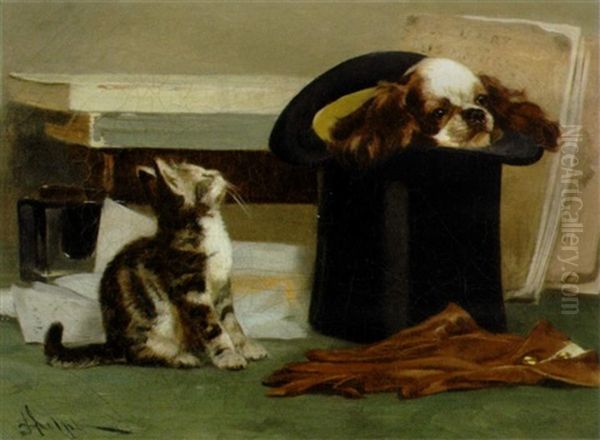 Painting Of A Cat Looking At A Dog Hiding In A Top Hat - view 1