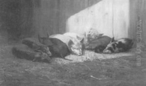 Piglets Napping In A Barn by John Henry Dolph