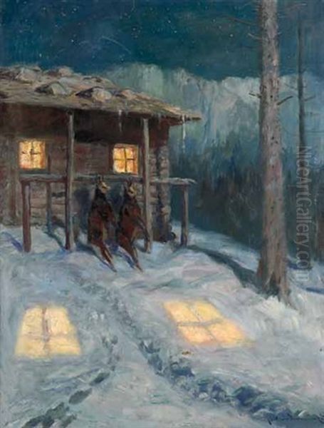 Gamsen Vor Einer Hutte Im Winter - view 1