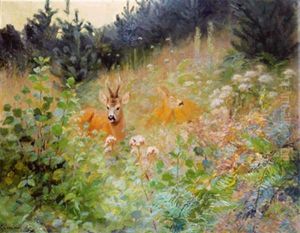 Ruhendes Rotwild Auf Der Waldlichtung by Carl von Dombrowski