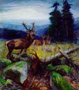 Kapitaler Hirsch Mit Kleinem Kahlwildrudel Im Schwarzwald by Carl von Dombrowski