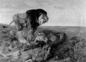 Lowenpaar Bei Einer Gerissenen Antilope In Der Savanne by Carl von Dombrowski