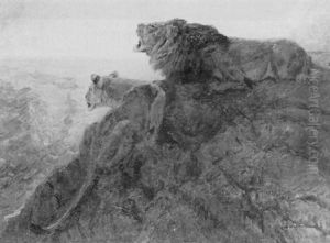 Lowenpaar Auf Einem Felsen by Carl von Dombrowski