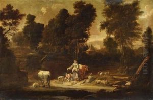 Hirten Mit Ihrem Vieh In Bewaldeter Campagnalandschaft by Pierre Salomon Domenchin de Chavanne