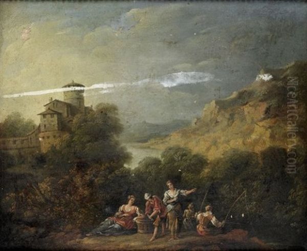Pecheurs Sur Un Tertre Dans Un Paysage Vallonne - view 1