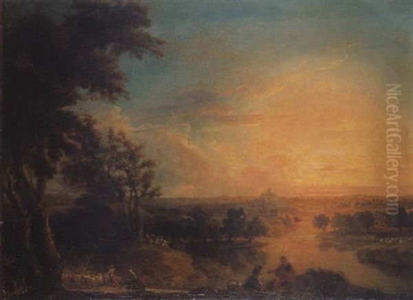 Repos De Bergers Dans Un Paysage De Riviere Au Soleil Couchant - view 1