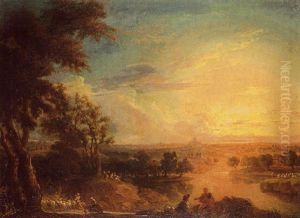 Le Repos Des Bergers Dans Un Paysage De Riviere Au Soleil Couchant by Pierre Salomon Domenchin de Chavanne