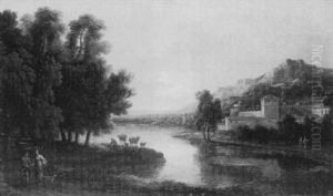 Paysage De Riviere Dans La Campagne Italienne Au Soleil Couchant by Pierre Salomon Domenchin de Chavanne