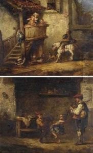 Cavalier Et Enfants Sur Un Balcon (+ Musiciens Et Enfants Dans Un Interieur; Pair) by Martin Domicent