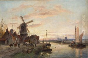 Avond Aan De Vliet by Cornelis Christiaan Dommelshuizen