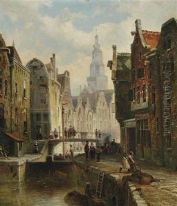 A Townview With Figures By A Canal And A Church In The Background A Townview With Figures By A Canal And A Church In The Background